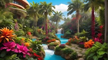 A lush, tropical paradise filled with vibrant, exotic plants and flowers, each one more unique and colorful than the last.