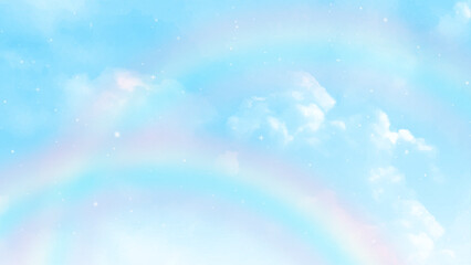 Blue sky and clouds with rainbow. A photography of a sky with a rainbow background. Vector illustration.