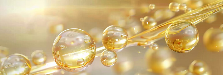 Fototapeta premium Golden yellow abstract oil bubbles or face serum background. Oil and water bubbles .golden yellow Bubbles oil or collagen serum for cosmetic product, banner poster