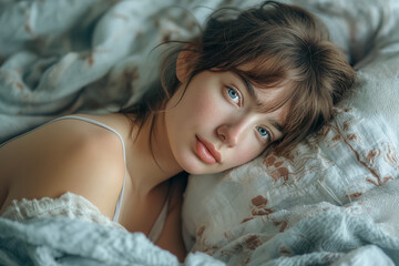 Naklejka premium A woman is lying on her bed. Her hair is messy. She is wearing pajamas. She is frowning in her sleep.