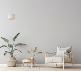 Refined minimalist interiors composition in serene colors. Copyspace for text and minimal furniture.