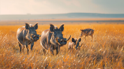 A serene scene as a family of warthogs forages for food in the grasslands of  Kenya, Africa, their distinctive tusks and quirky appearances captured with charming realism in mesmerizing 8k resolution - obrazy, fototapety, plakaty
