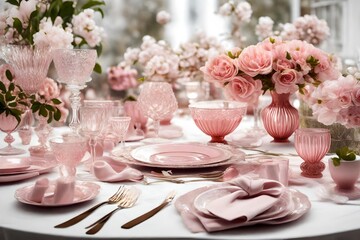 table setting with pink flowers - Powered by Adobe