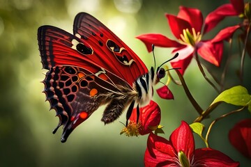 Tropical butterfly on a red clematis bud in a magical garden. Summer natural image.