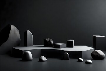 Black geometric Stone and Rock shape background, minimalist mockup for podium display or showcase, 3d rendering.