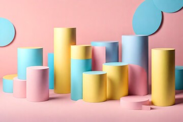 Set of yellow, blue and pink realistic 3d cylinder pedestal podium with vertical pattern in window. Abstract vector rendering geometric forms. Pastel minimal scene. Stage for showcase, Product display