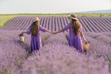 Mom and daughter are running through a lavender field dressed in purple dresses, long hair flowing and wearing hats. The field is full of purple flowers and the sky is clear.