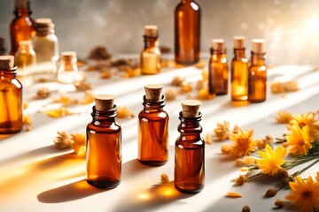 Mock up amber bottle.Blank space for your trademark and text,cinematic studio lights.Essential oil for care of women's skin on white background, in rays of sunlight. Space for copying, glare on object