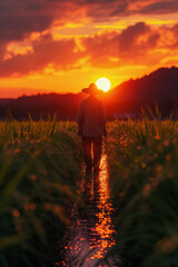 Fototapeta premium A farmer in a hat walks through a rice field at sunset. The sun is low in the sky, and the field is flooded with water. The man's silhouette is visible against the orange and pink hues of the sky.
