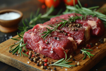 A wooden cutting board with raw beef steak, garnished with sprigs of rosemary and black and white peppercorns.