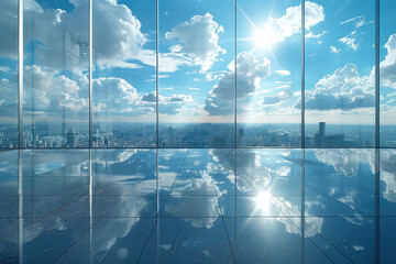 Photo of glass building interior, floor with reflections of the sunset sky outside the windows. Created with Ai