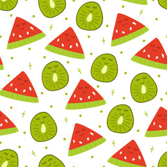 Seamless pattern of hand draw kiwi fruit and watermelon with kawaii eyes on white background.Summer green fruit backdrop. Vector illustration in flat doodle style. Cute simple design.