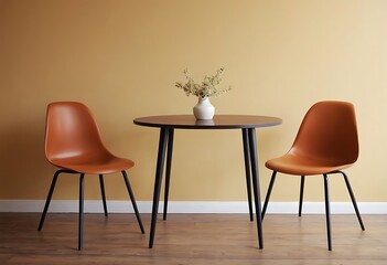 Workplace in Peach Fuzz 2024 color trend. Painted walls and rich furniture - chairs and table with lamp. Pastel painting background. Large home office .