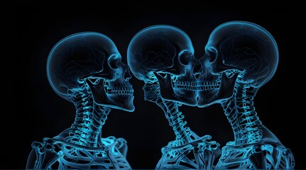 two human skeletons kiss romantically, blue glowing, neon colors isolated on clean black background.generative.ai