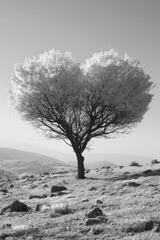 A lone tree stands in a grassy field, its branches reaching out like a heart.
