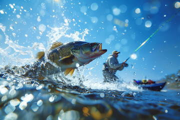 Stylized digital artwork of a fish being caught, leaping high out of the ocean with a fisherman in the background, capturing the struggle and beauty of sport fishing.