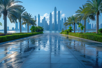 Fototapeta na wymiar A wide-angle view of the rainy blue sky, with the Dubai skyline in the background. Created with Ai
