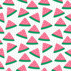 Seamless pattern of hand draw watermelon fruit with kawaii eyes on white background.Summer green,red, pink fruit backdrop. Vector illustration in flat doodle style. Cute simple design.