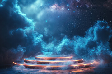  A glowing podium surrounded by clouds and stars, set against the backdrop of an empty space with blue tones. Created with Ai