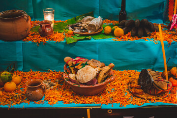Day of the Dead altar with paper and cardboard decorations