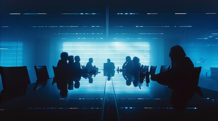 Business leaders convene in a dimly lit, blue-toned conference room, reflecting a mood of serious strategic planning. - obrazy, fototapety, plakaty