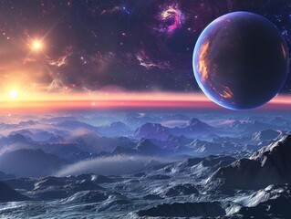 A beautiful painting of a sunrise over a mountain range on a distant planet