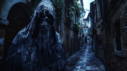 A dark figure in a black cloak with a skull-like face standing in a narrow alleyway. - obrazy, fototapety, plakaty