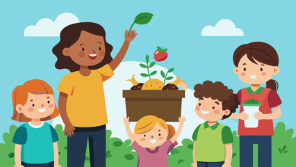 A group of children gather around a compost bin watching in amazement as a young award recipient demonstrates how to turn food scraps into