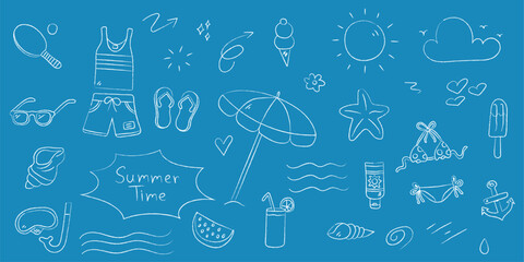 Hand drawn doodle vector set. Summer holidays, vacation, sun, ice cream, bird, cloud, crab, heart, shell, flower, limonade, watermellon, swimsuit, umbrella. Vector illustration.