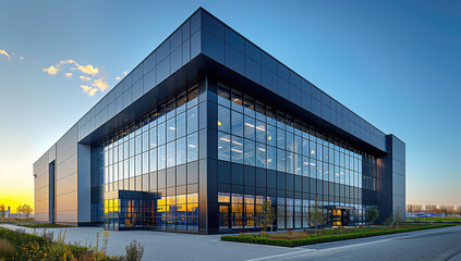 A photo of the exterior of an industrial building in Poland, made with black metal and glass windows, shot at sunset. Created with Ai