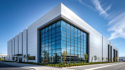 A modern industrial building with large glass windows and steel cladding, featuring an exterior that includes the entrance to another business office on one side. Created with Ai