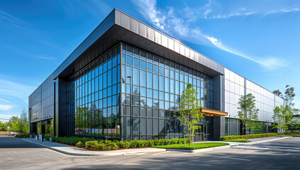 Fototapeta na wymiar A photo of an industrial building with black and gray metal cladding, large glass windows on the front facade that capture sunlight, surrounded by greenery. Created with Ai