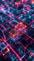High-tech image of a 3D particle neon grid, the blocks intermittently glitching and distorting, symbolizing data corruption or hacking - obrazy, fototapety, plakaty
