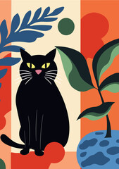 An abstract illustration of a black Cat with botanical elements in simple shapes and bold color block style. Perfect for wall art, postcard, notebook covers etc.