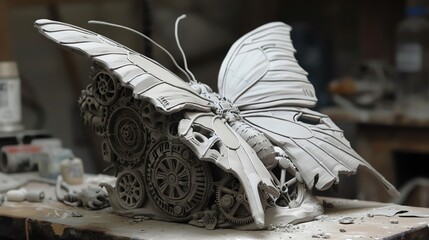 Craft a clay sculpture of a robotic butterfly seen in profile, with intricate gears visible through its translucent wings, evoking a sense of whimsical wonder in a surreal world