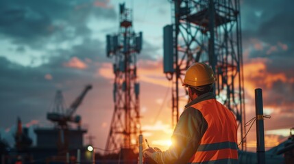 A construction worker wearing a bright orange vest stands in front of a tower