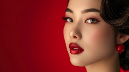 Fototapeta premium A woman with red hair and red lipstick is standing in front of a red background
