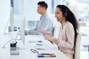 Call center, computer and consultant woman laughing in telemarketing office for online assistance...
