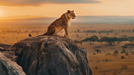 A majestic lioness surveys her territory from atop a rocky outcrop in  Kenya, Africa, her powerful presence captured in stunning HD clarity amidst the vast African wilderness - obrazy, fototapety, plakaty