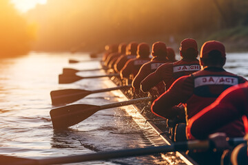 Group of friends rowing in a kayak on a sunny day