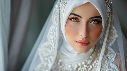Woman Muslim bride model with white veil and beautiful makeup background wallpaper AI generated image