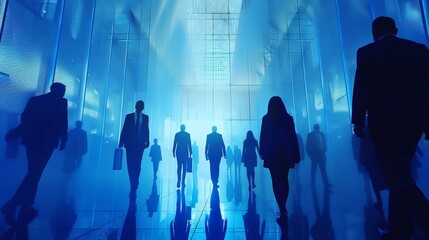 Silhouetted business figures walk through a neon-lit, futuristic corridor, casting long shadows and radiating urban cool.