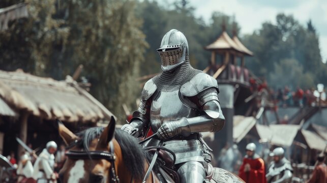 A knight in armor riding a horse at a medieval festival