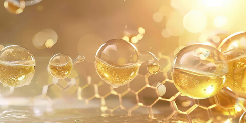 Golden yellow abstract oil bubbles or face serum background. Oil and water bubbles .golden yellow Bubbles oil or collagen serum for cosmetic product, banner poster