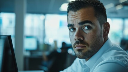 Fototapeta premium A serious businessman in a white shirt, deep in thought while looking at a computer screen in a corporate setting.