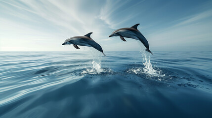 Fototapeta na wymiar Two_dolphins_jumping_out_of_water_clear_blue_sky5