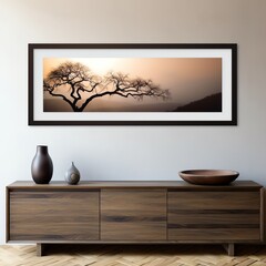 Panoramic view in wallart of the delicate silhouette of Misty Twigs against a soft, fog-laden sunrise, the wide frame allows for an expansive view of the foggy landscape