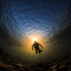 Panoramic view capturing a diver's graceful descent into the ocean at dusk, with the sun setting over the horizon, casting golden glow on the water's surface
