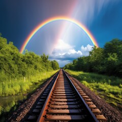 Vertical composition where the Rainbow Rail leads directly toward the base of a stunning rainbow, this perspective emphasizes the height and scale of the rainbow as it towers