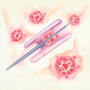 Artistic watercolor depiction of red blood cells and medical needles, capturing both the fragility of human biology and the precision of medical tools.